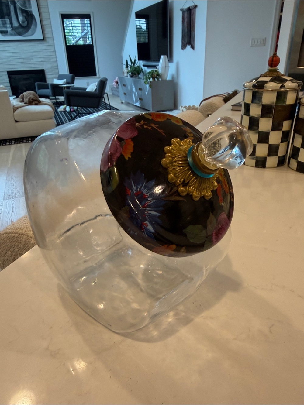 Hand-Painted Floral Glass Decorative Jar with Clear Stopper - Black